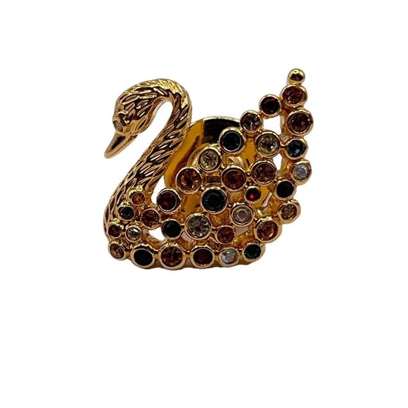 Swarovski Signed Multicolor Crystal Gold Tone Colorful Swan VTG Lapel Pin Brooch - Picture 2 of 9